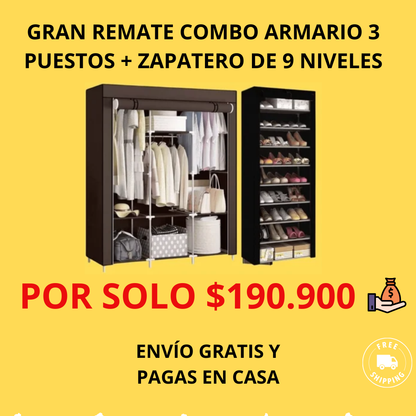 COMBO ARMARIO 3 PUESTOS + ZAPATERO DE 9  NIVELES